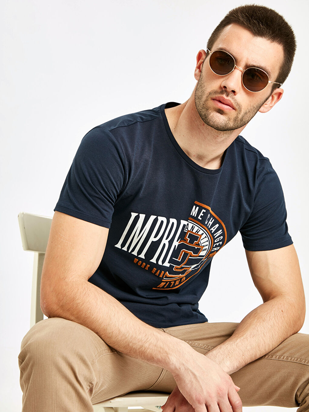 Lacivert Bisiklet Yaka Penye Erkek Tişört