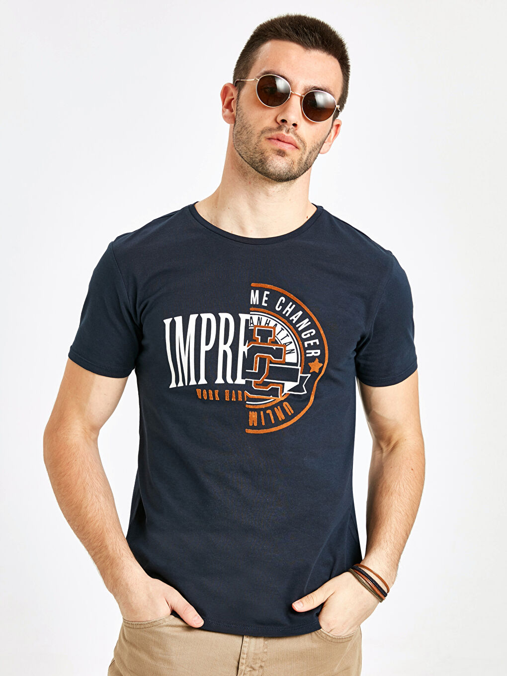 Lacivert Bisiklet Yaka Penye Erkek Tişört-1