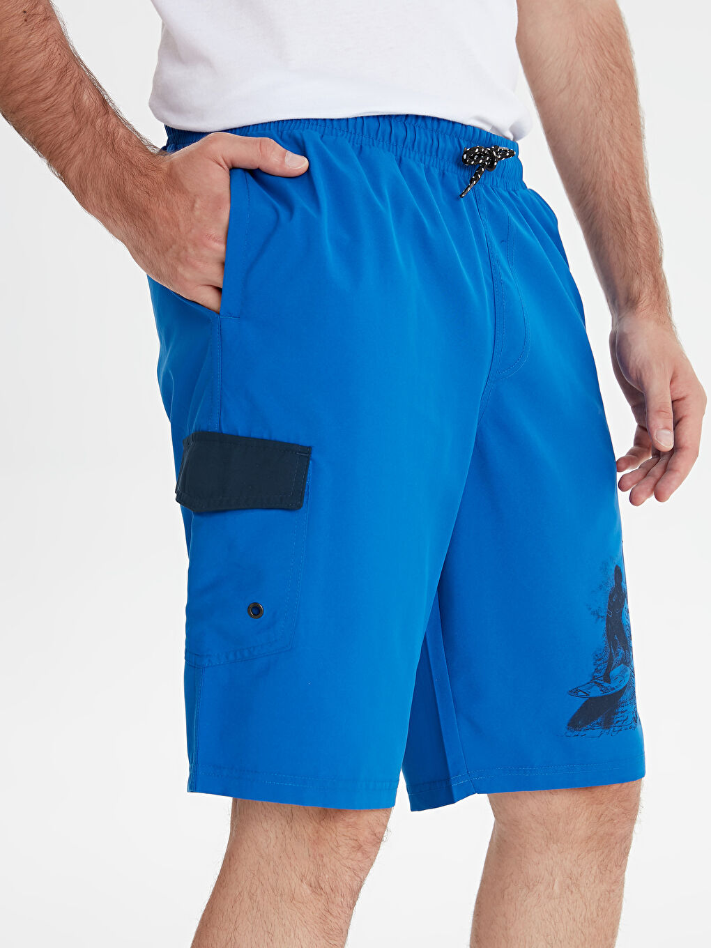 Lacivert Diz Hizası Boy Baskılı Deniz Şortu-2