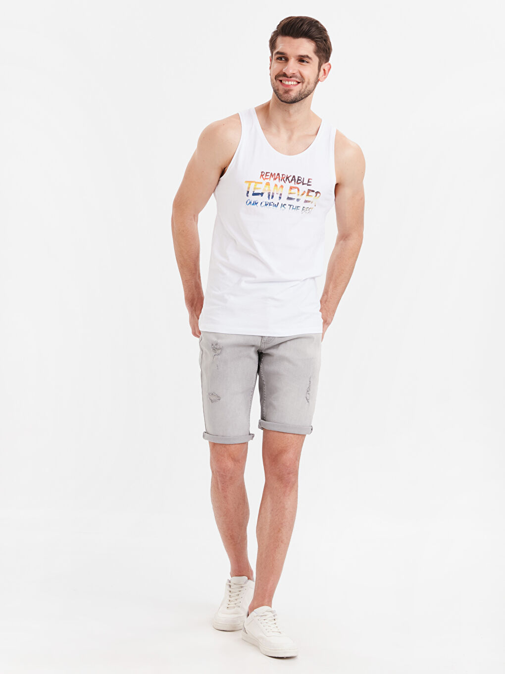 Beyaz Penye Erkek Kolsuz Tişört-2