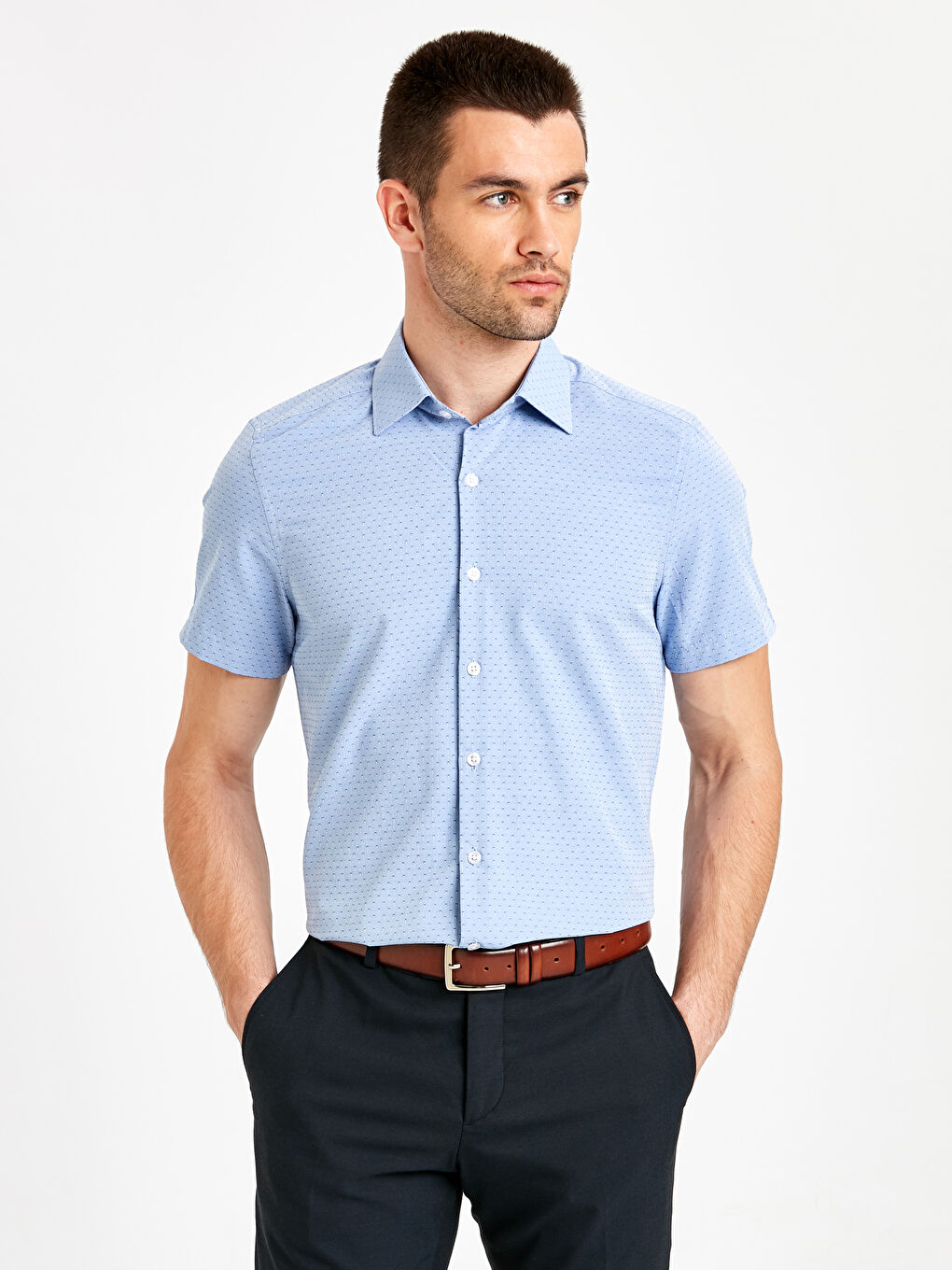 Mavi Slim Fit Kısa Kollu Erkek Gömlek-1