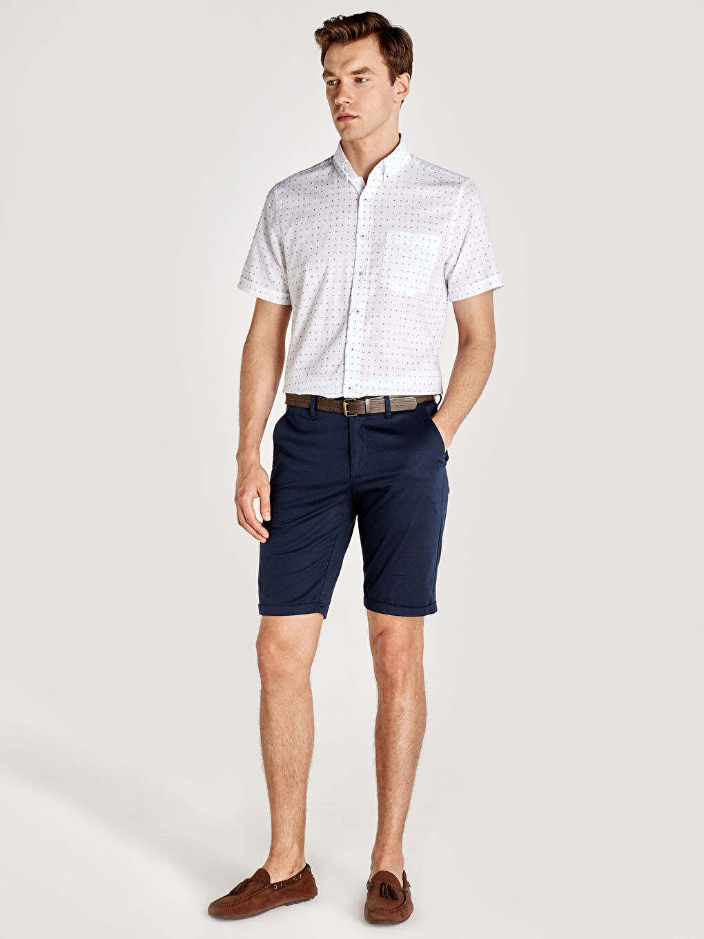 Beyaz Regular Fit Desenli Kısa Kollu Poplin Gömlek-2