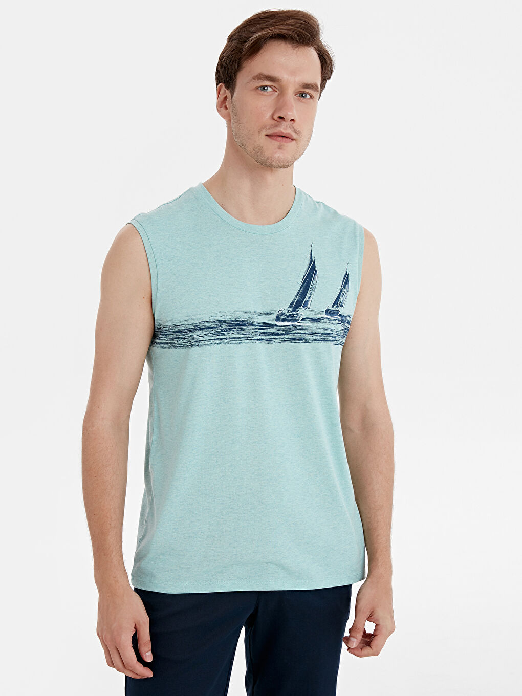 Yeşil Bisiklet Yaka Penye Erkek Kolsuz Tişört-1