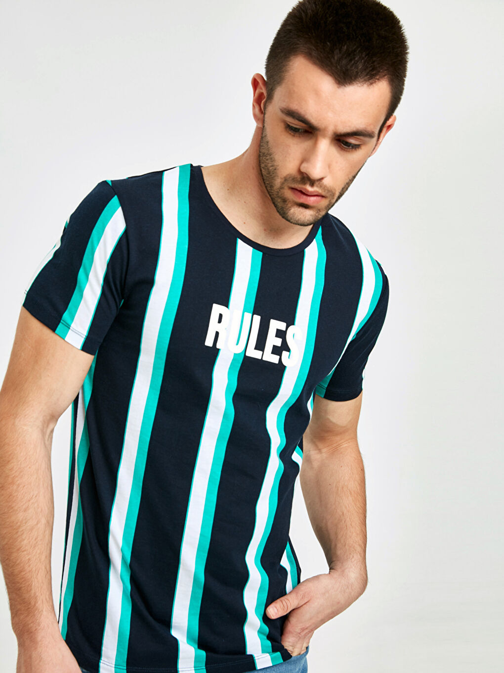 Lacivert Bisiklet Yaka Penye Erkek Tişört-1