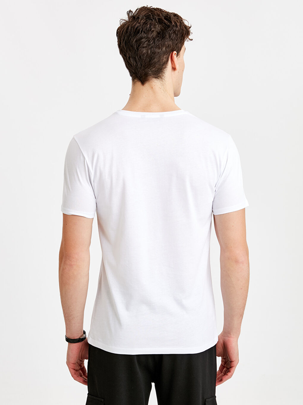 Beyaz Bisiklet Yaka Penye Erkek Tişört-1