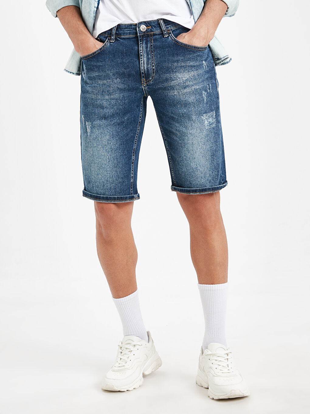 İndigo Standart Kalıp Erkek Jean Şort-1