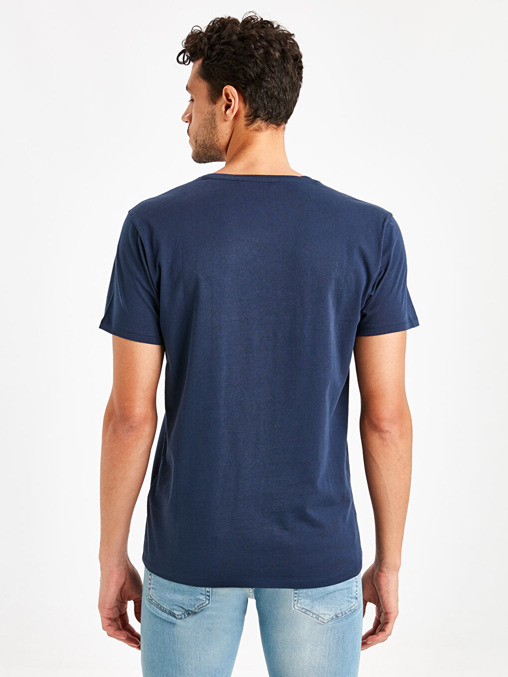 Lacivert Bisiklet Yaka Penye Erkek Tişört-1