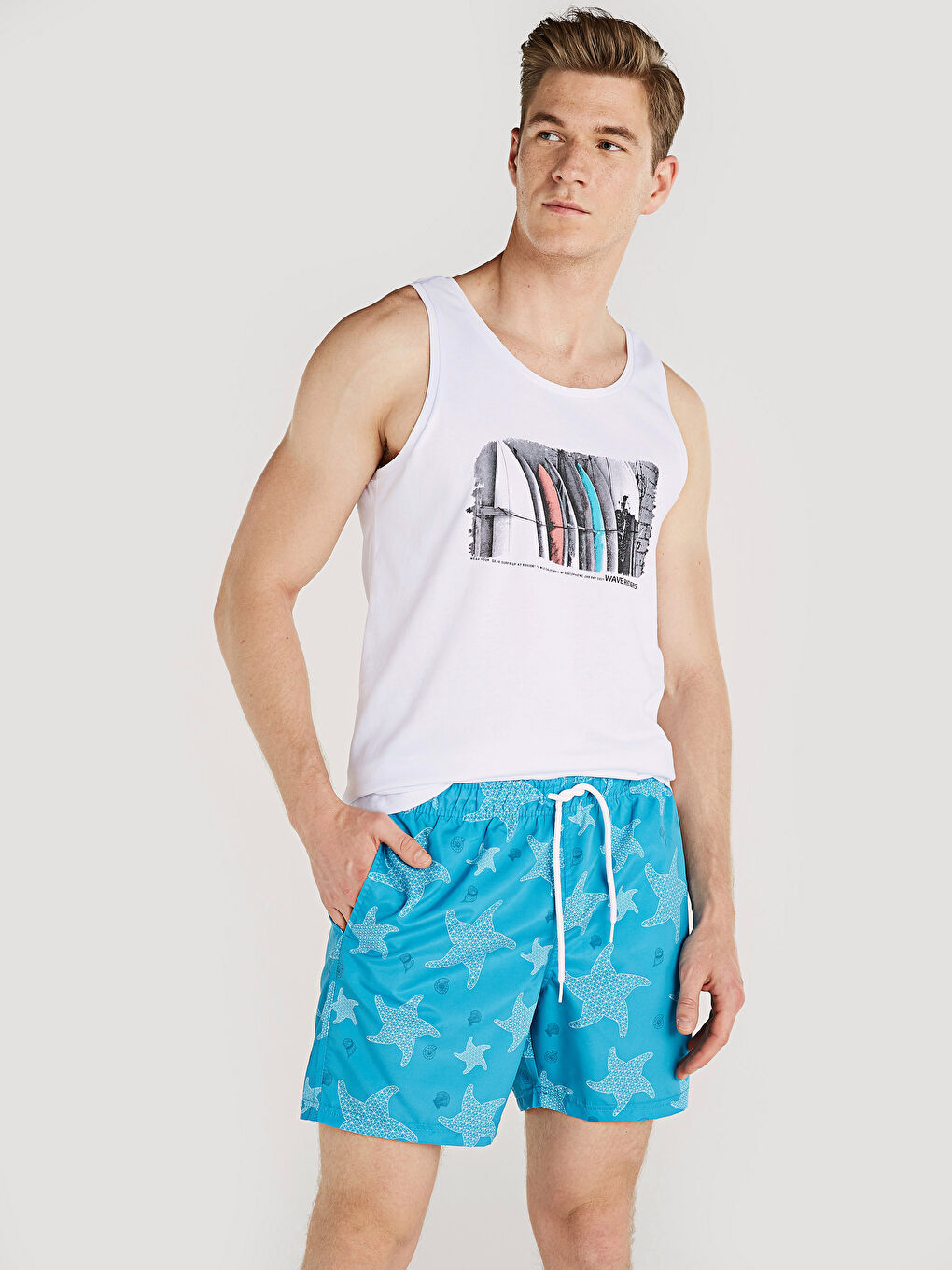 Turkuaz Kısa Boy Baskılı Deniz Şortu