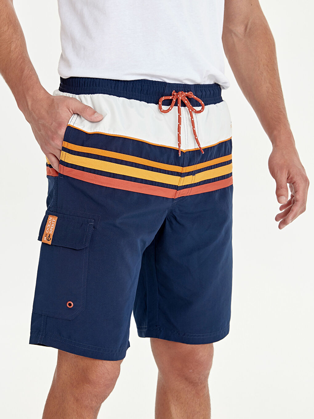 Lacivert Diz Hizası Boy Çizgili Deniz Şortu-2