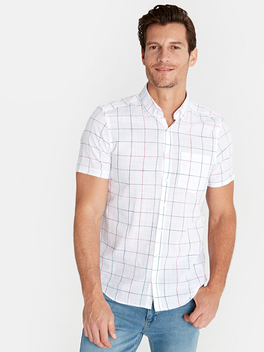 Beyaz Slim Fit Kısa Kollu Poplin Erkek Gömlek-1