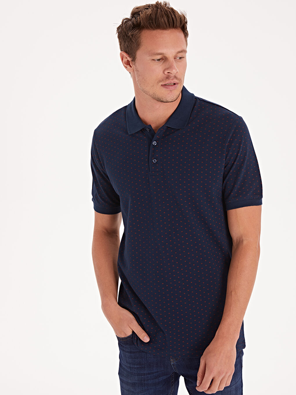 Lacivert Polo Yaka Kısa Kollu Erkek Tişört-1