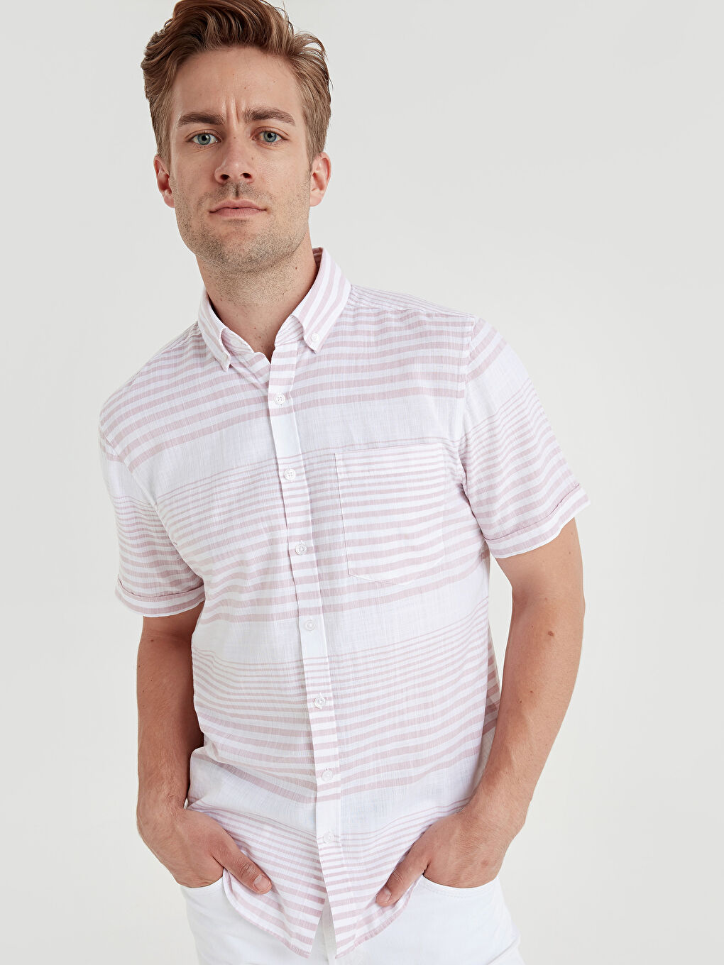 Pembe Slim Fit Kısa Kollu Poplin Erkek Gömlek