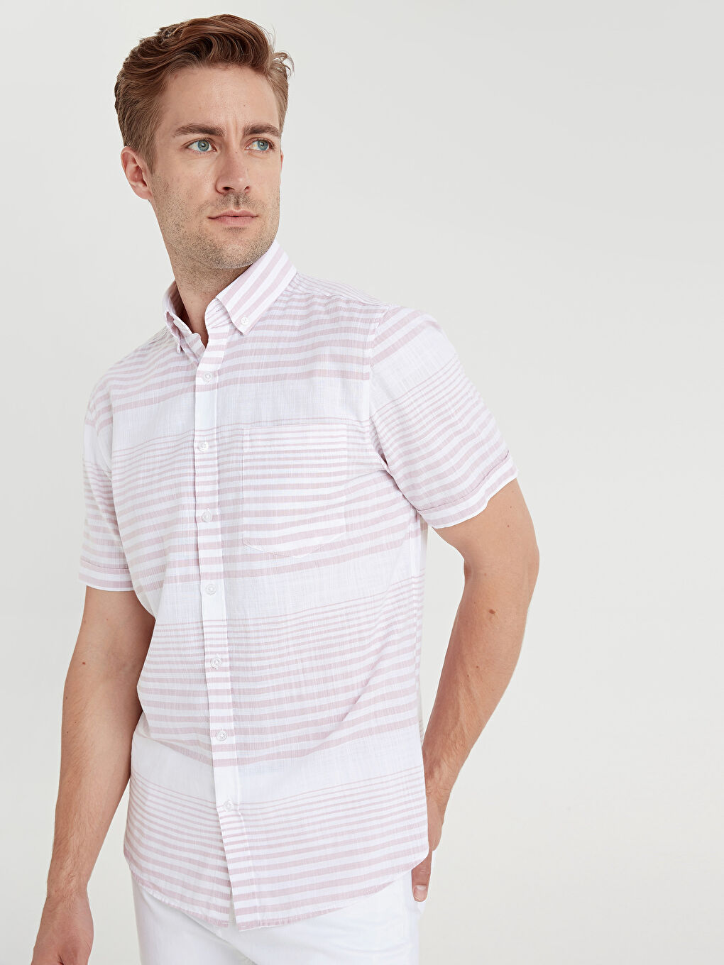 Pembe Slim Fit Kısa Kollu Poplin Erkek Gömlek-2