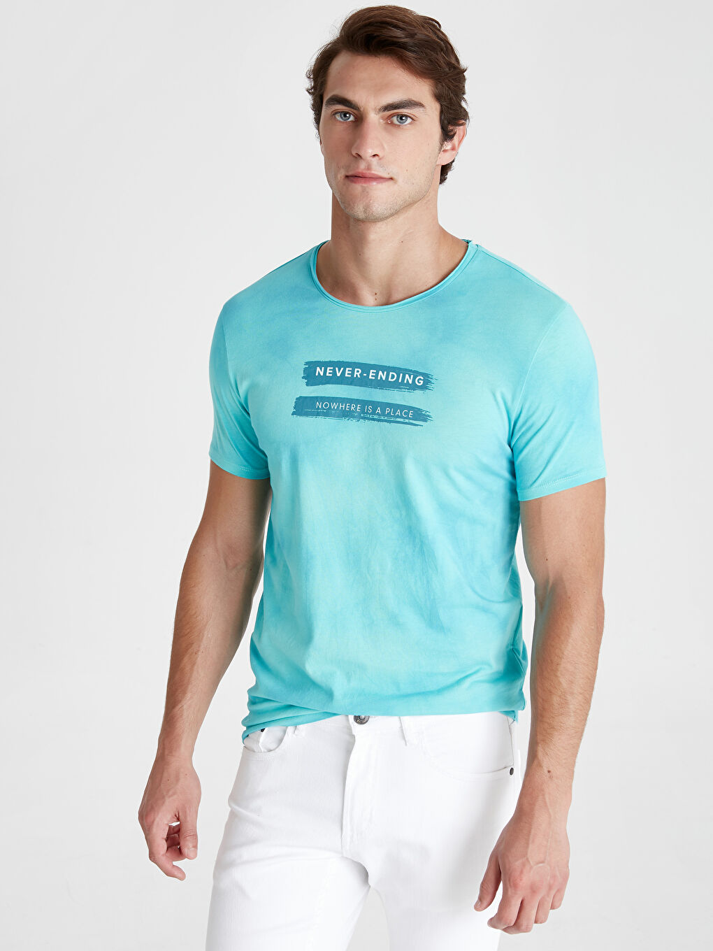 Turkuaz Bisiklet Yaka Penye Erkek Tişört-1