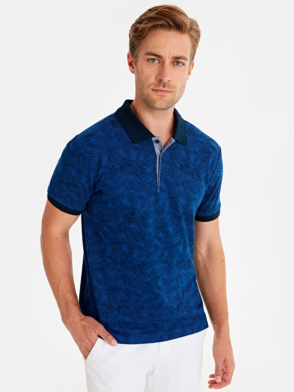 Mavi Polo Yaka Kısa Kollu Erkek Tişört-1