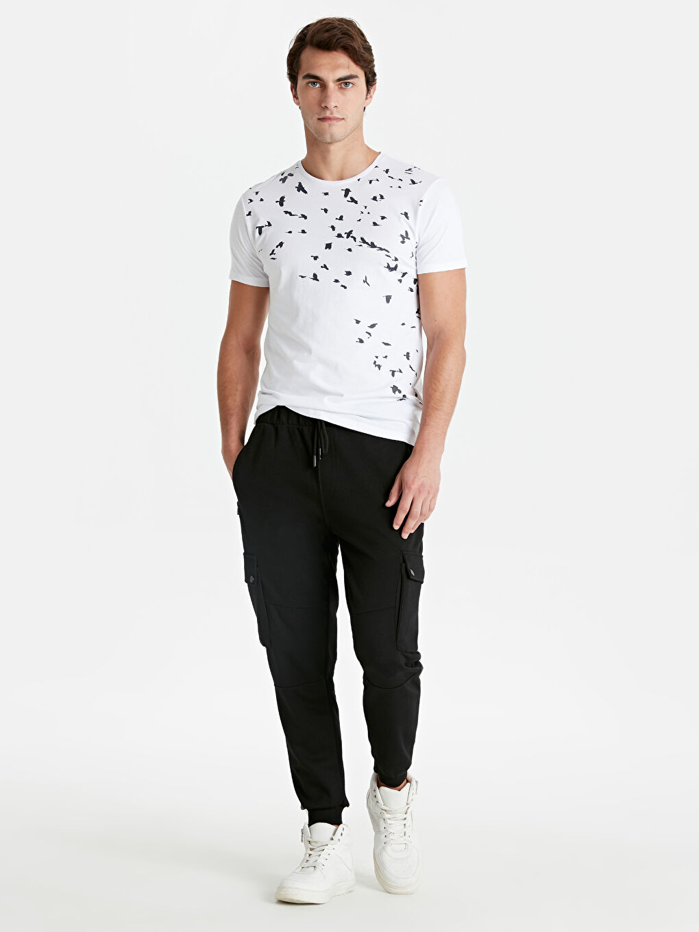 Beyaz Bisiklet Yaka Penye Erkek Tişört-2