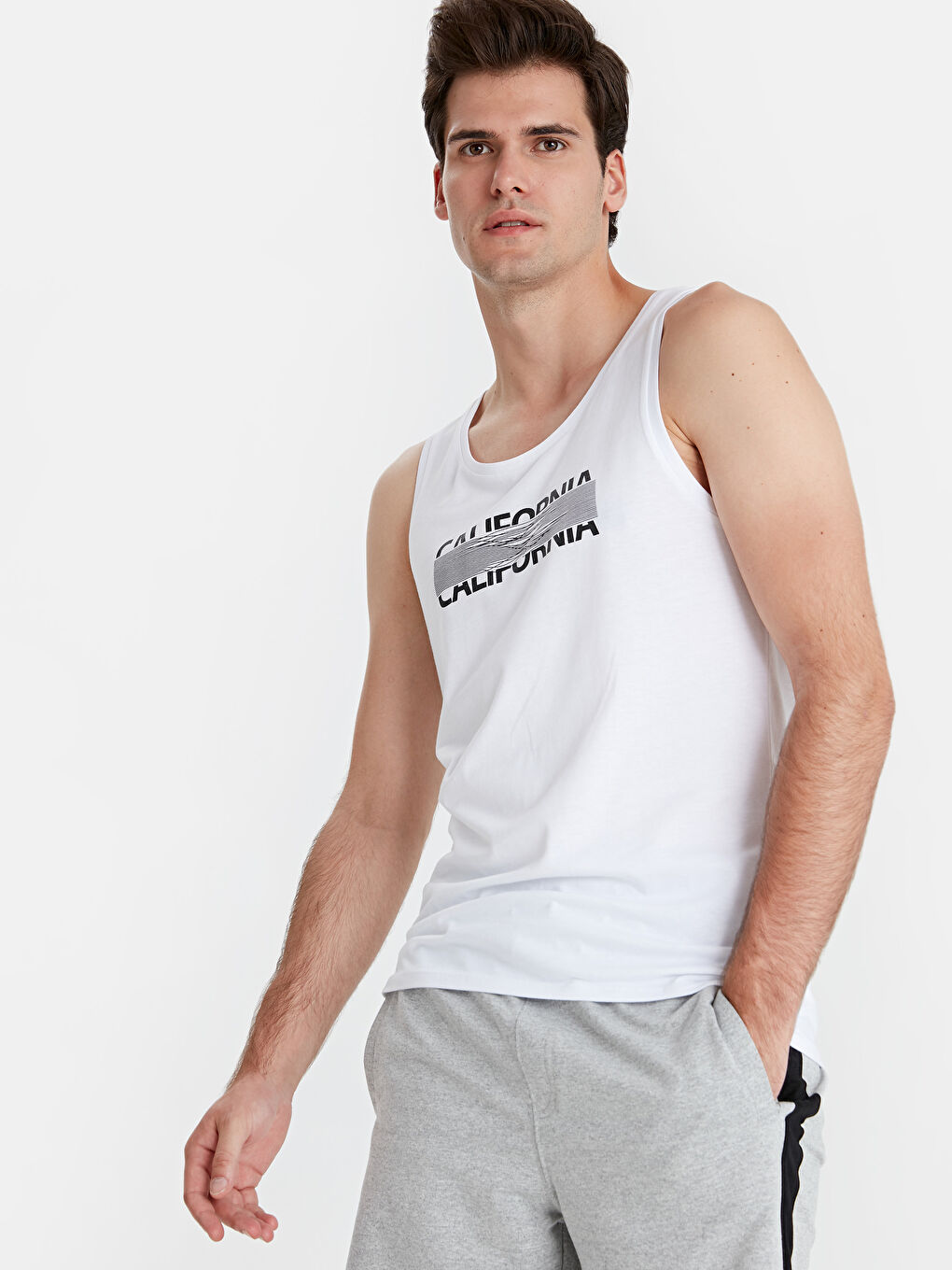 Beyaz Bisiklet Yaka Penye Erkek Kolsuz Tişört