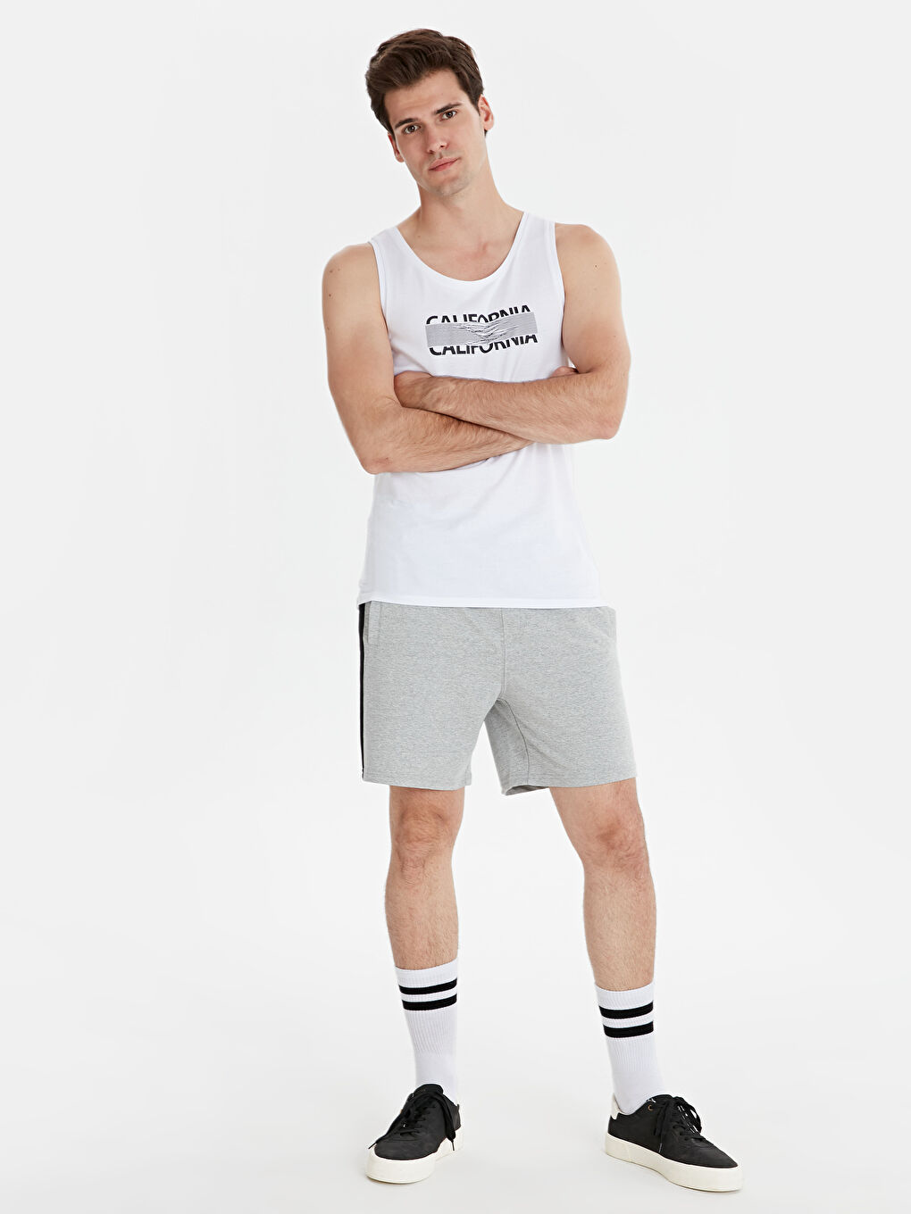 Beyaz Bisiklet Yaka Penye Erkek Kolsuz Tişört-2