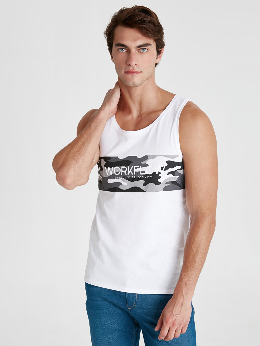 Beyaz Penye Erkek Kolsuz Tişört-1