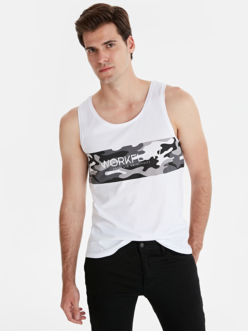 Beyaz Penye Erkek Kolsuz Tişört-2