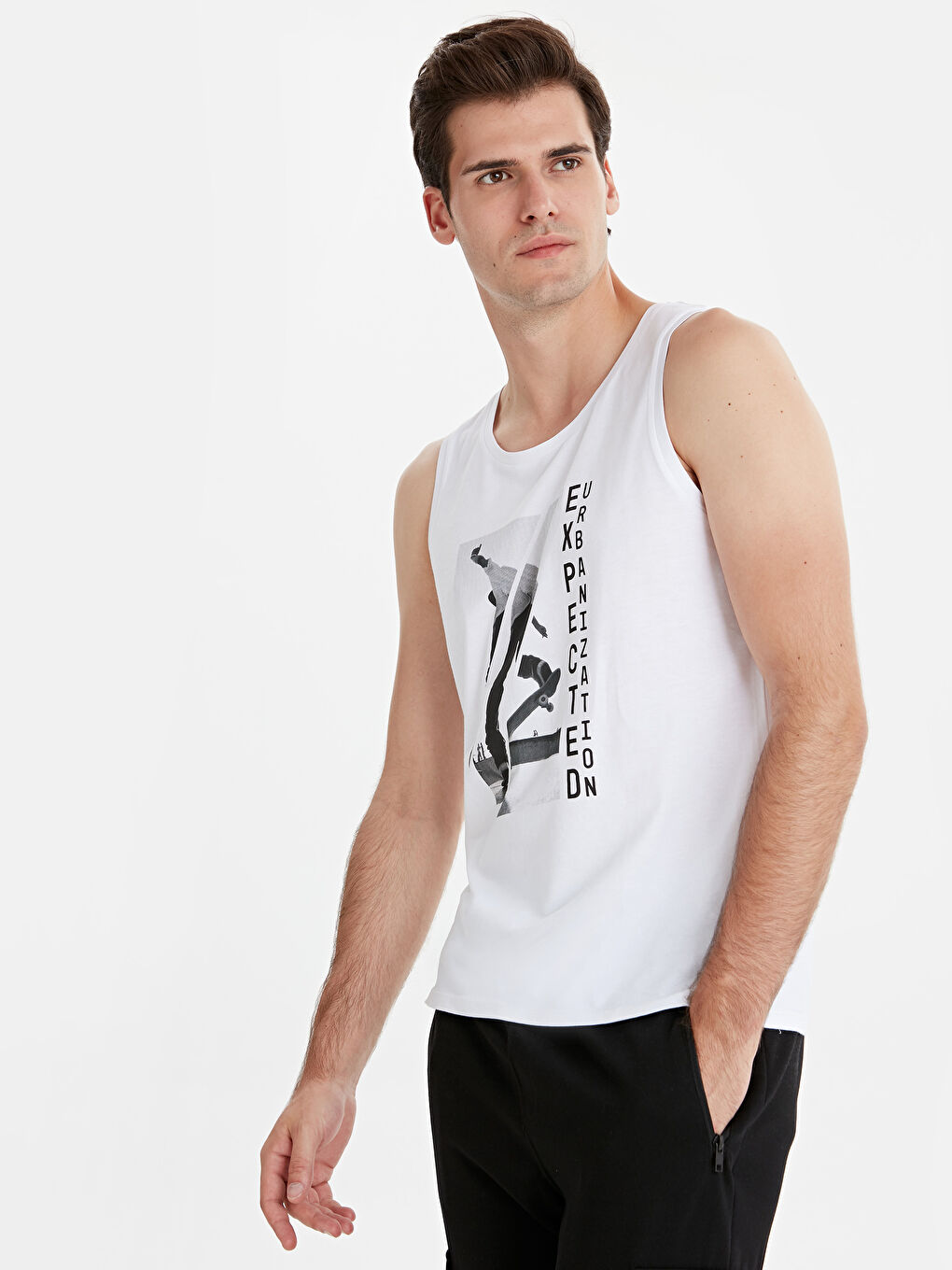 Beyaz Penye Erkek Kolsuz Tişört