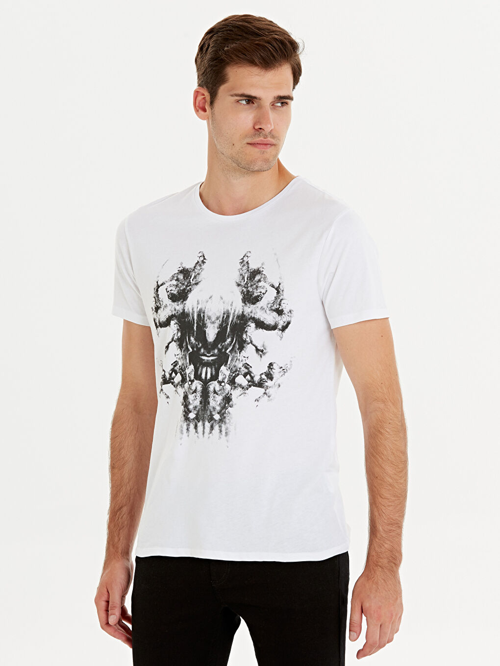 Beyaz Bisiklet Yaka Penye Erkek Tişört-1