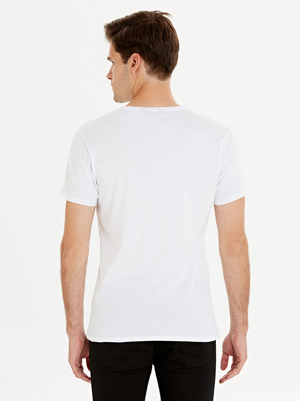 Beyaz Bisiklet Yaka Penye Erkek Tişört-2