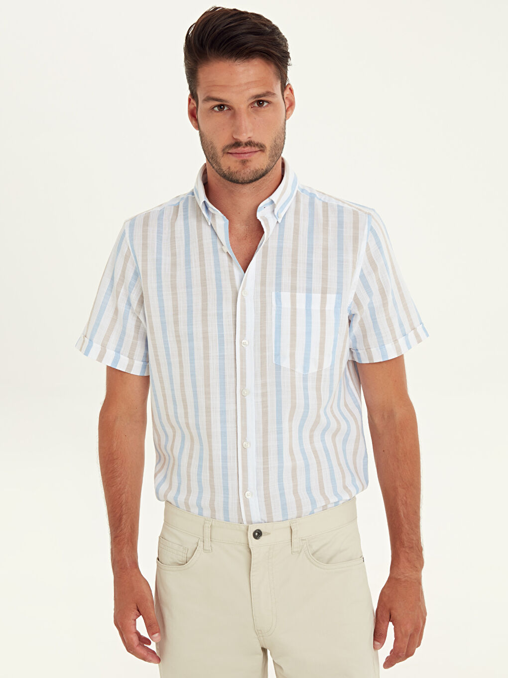 Bej Poplin Erkek Gömlek