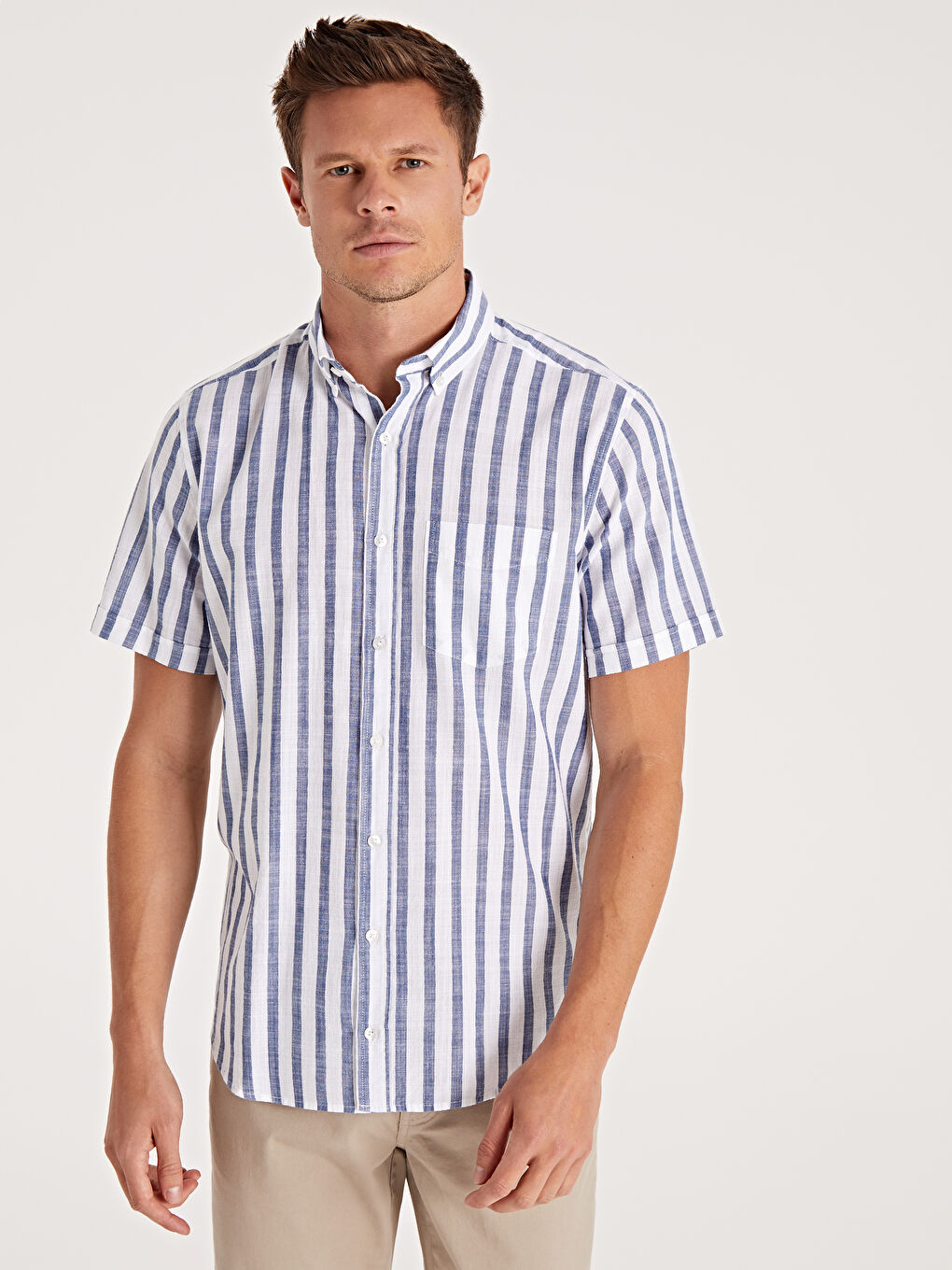 Lacivert Regular Fit Kısa Kollu Poplin Erkek Gömlek-1