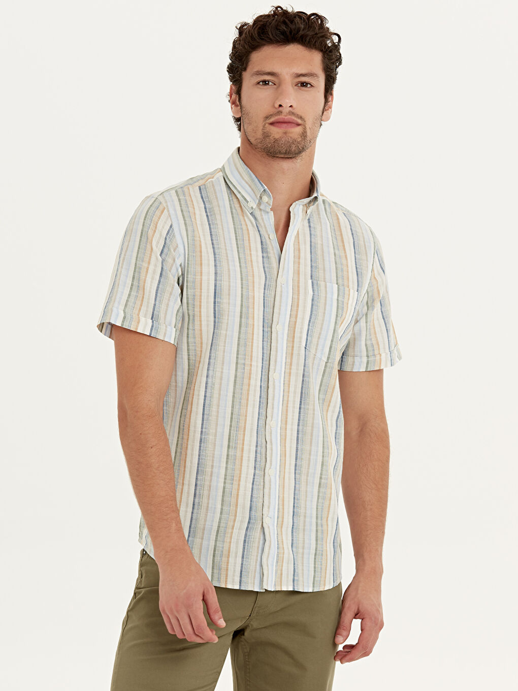 Bej Regular Fit Kısa Kollu Poplin Erkek Gömlek