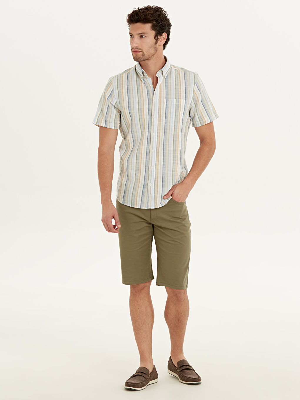 Bej Regular Fit Kısa Kollu Poplin Erkek Gömlek-2