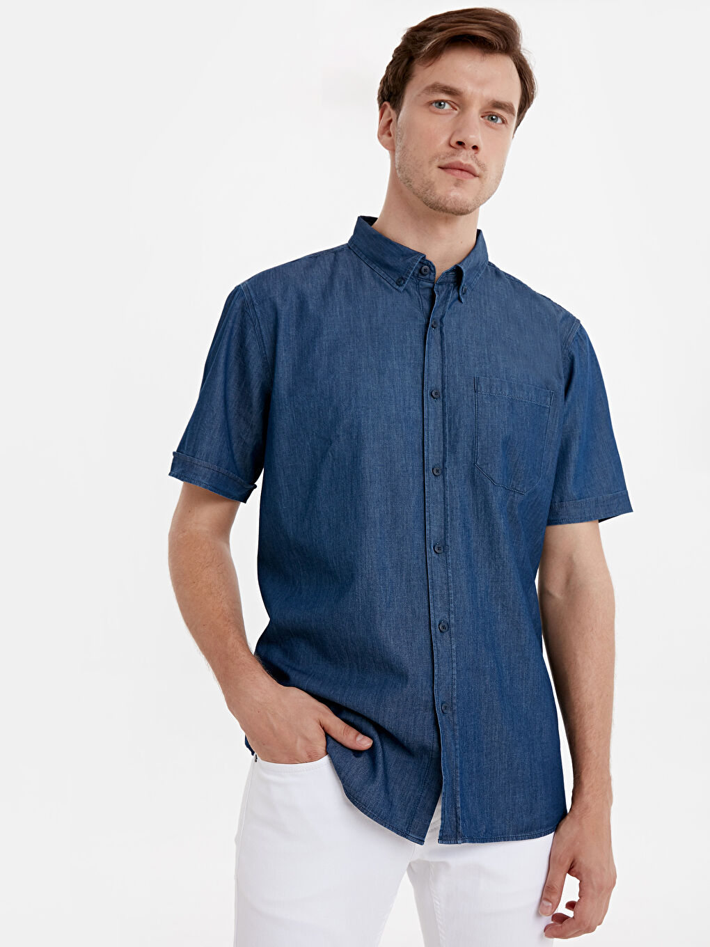 İndigo Regular Fit Kısa Kollu Erkek Jean Gömlek