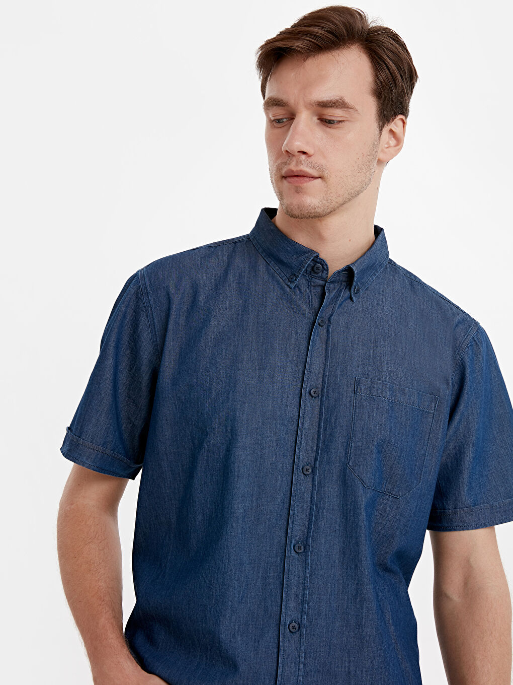 İndigo Regular Fit Kısa Kollu Erkek Jean Gömlek-1