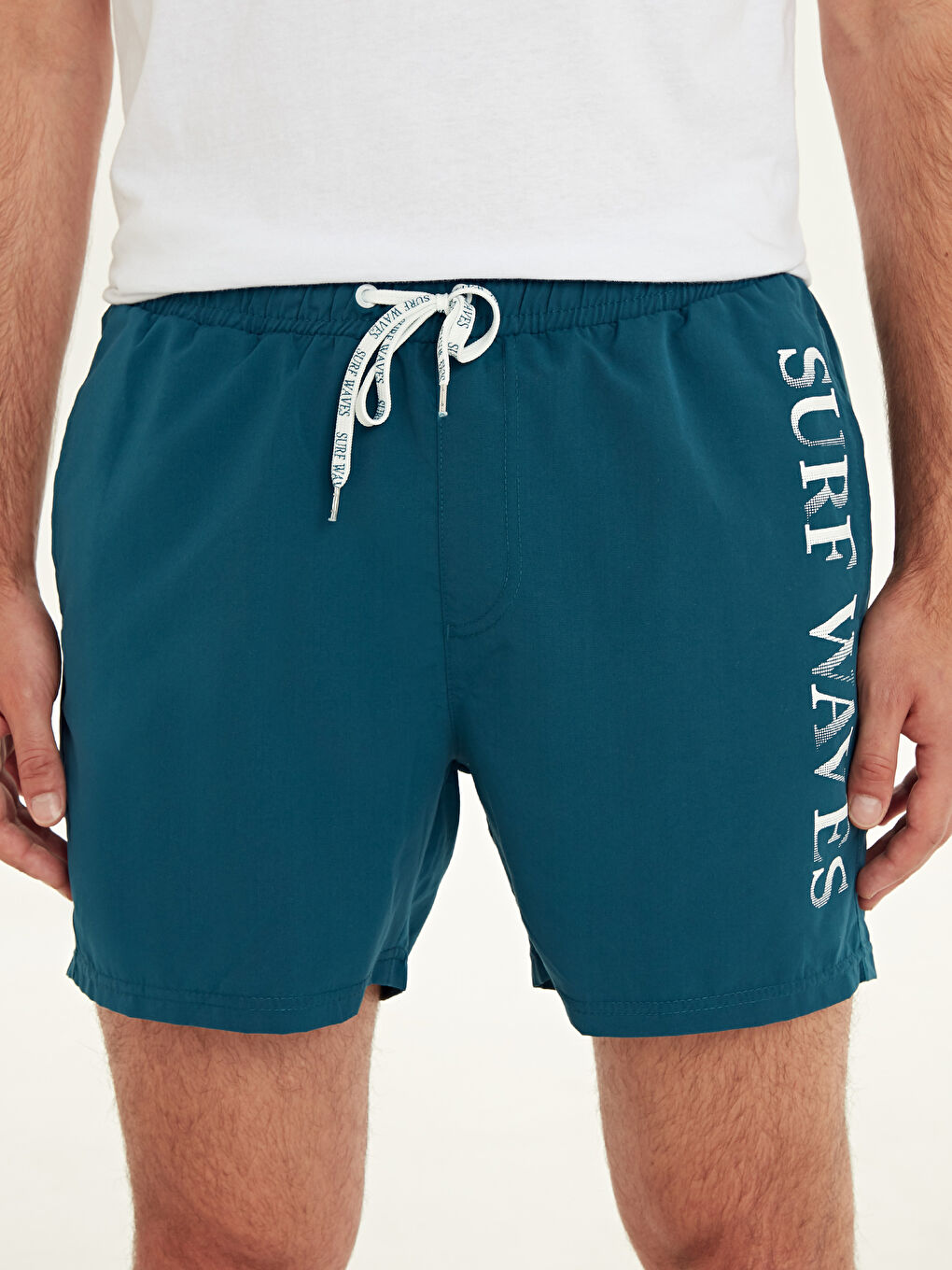 Petrol Diz Hizası Boy Desenli Erkek Deniz Şortu-2