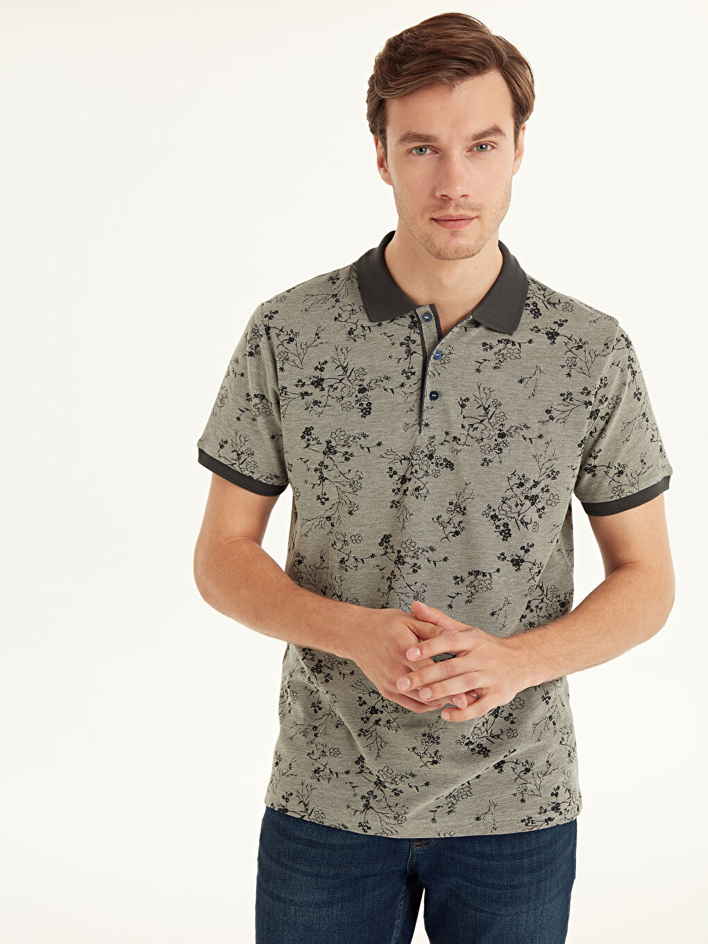 Antrasit Polo Yaka Kısa Kollu Erkek Tişört-1