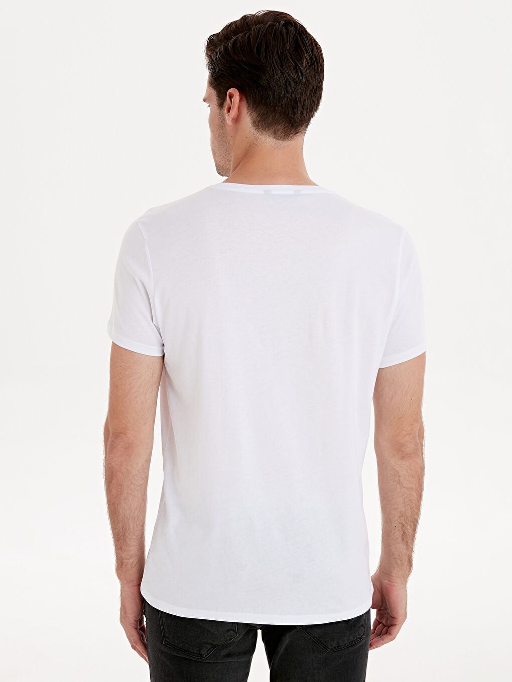 Beyaz Bisiklet Yaka Penye Erkek Tişört-2