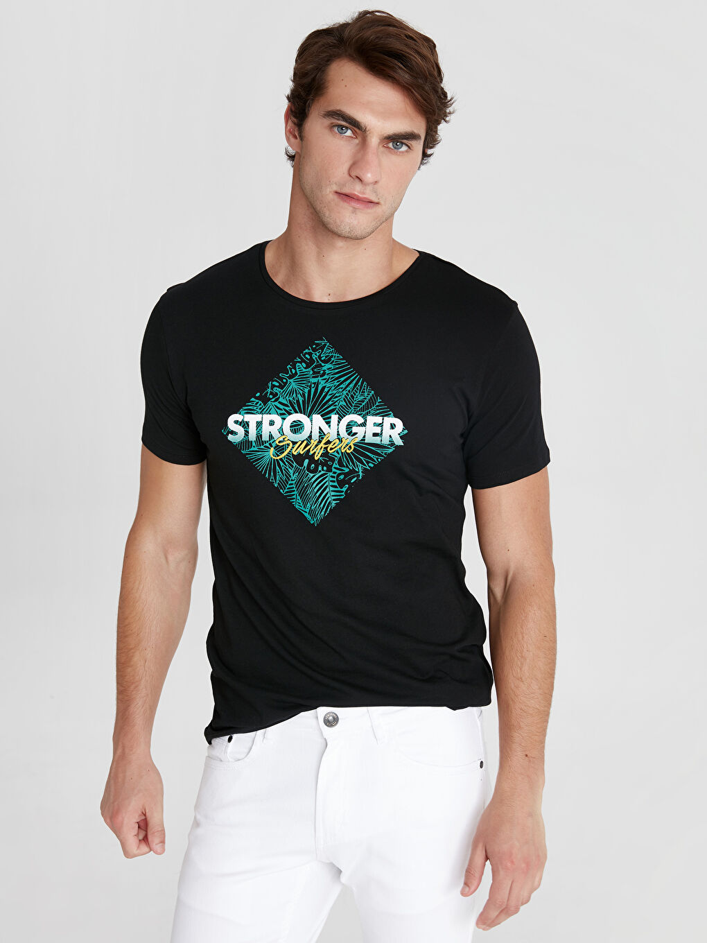 Siyah Bisiklet Yaka Penye Erkek Tişört-1