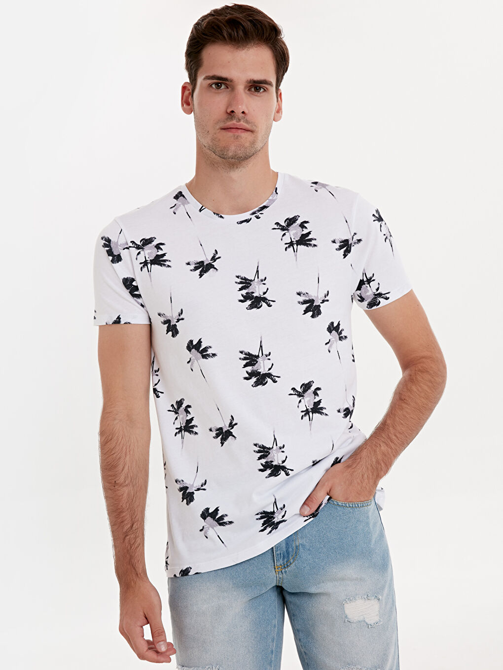 Beyaz Bisiklet Yaka Penye Erkek Tişört-1