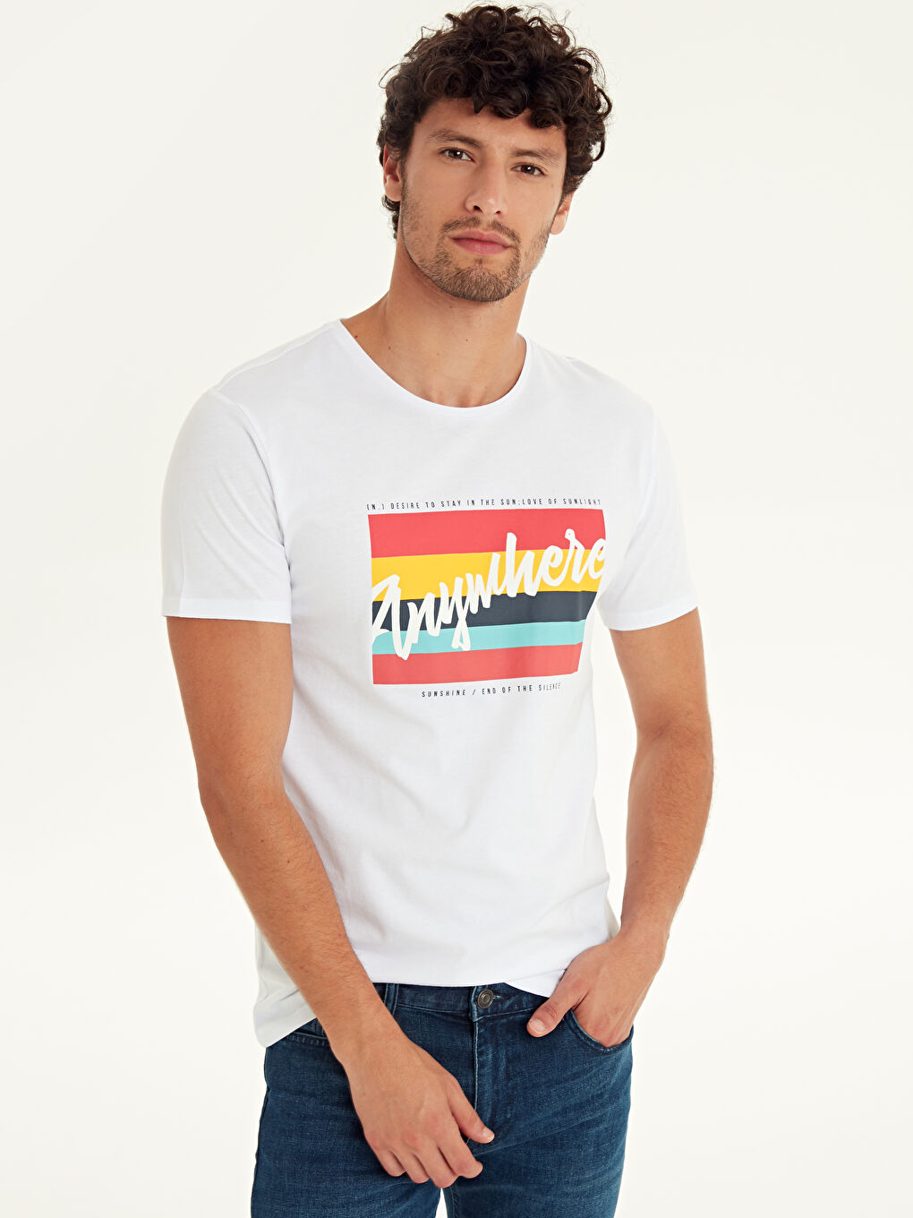 Beyaz Bisiklet Yaka Penye Erkek Tişört