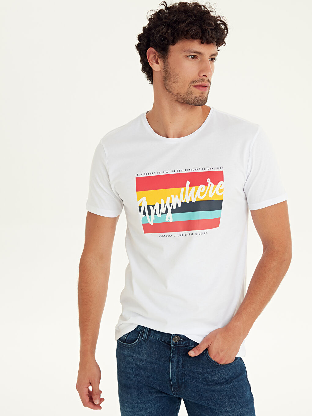 Beyaz Bisiklet Yaka Penye Erkek Tişört-1