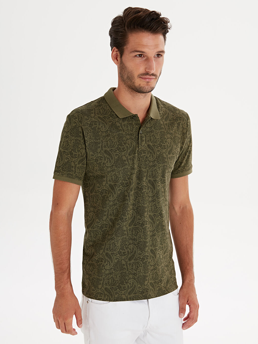 Haki Polo Yaka Kısa Kollu Pike Erkek Tişört-1