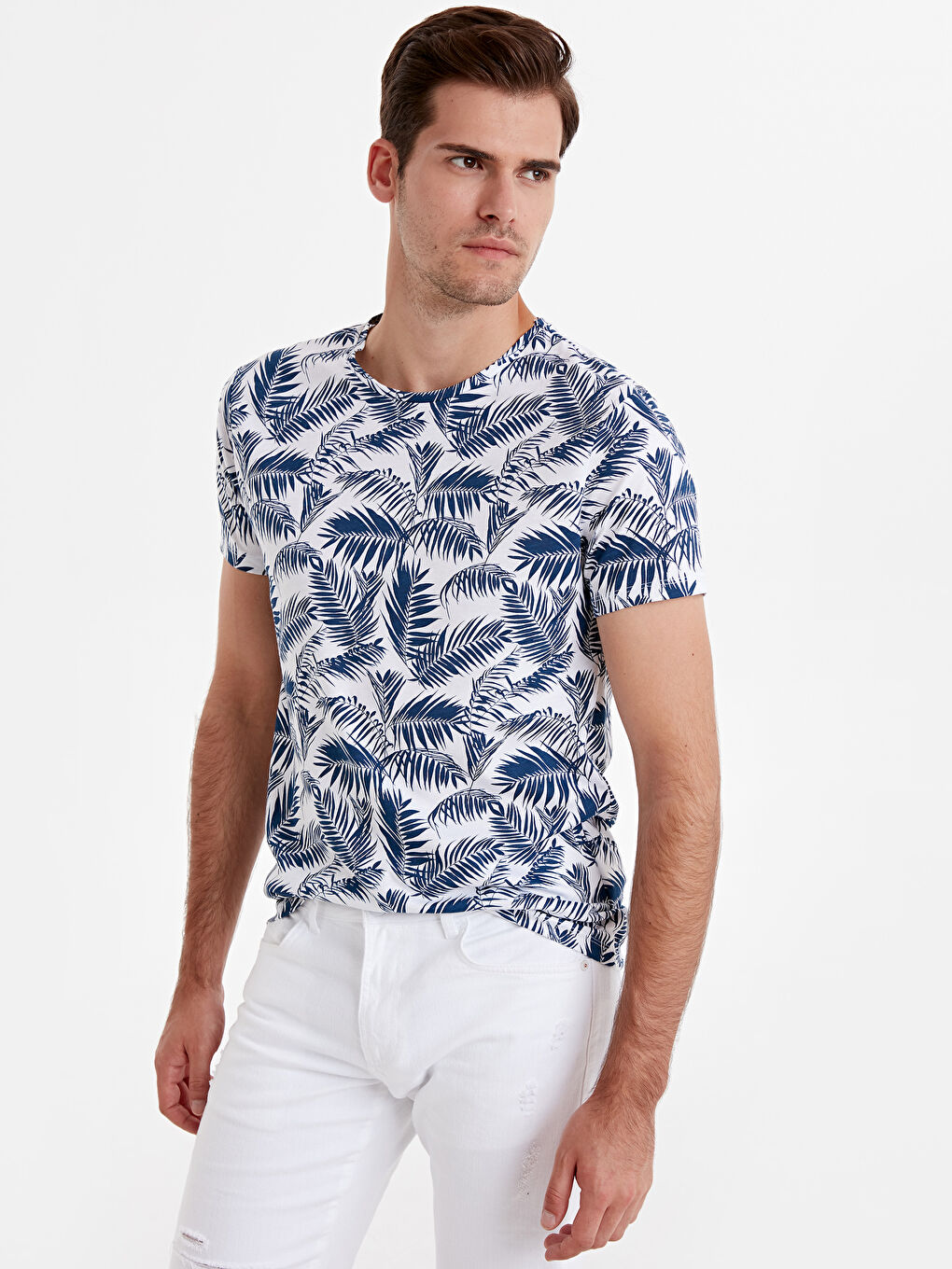 Beyaz Bisiklet Yaka Penye Erkek Tişört-1