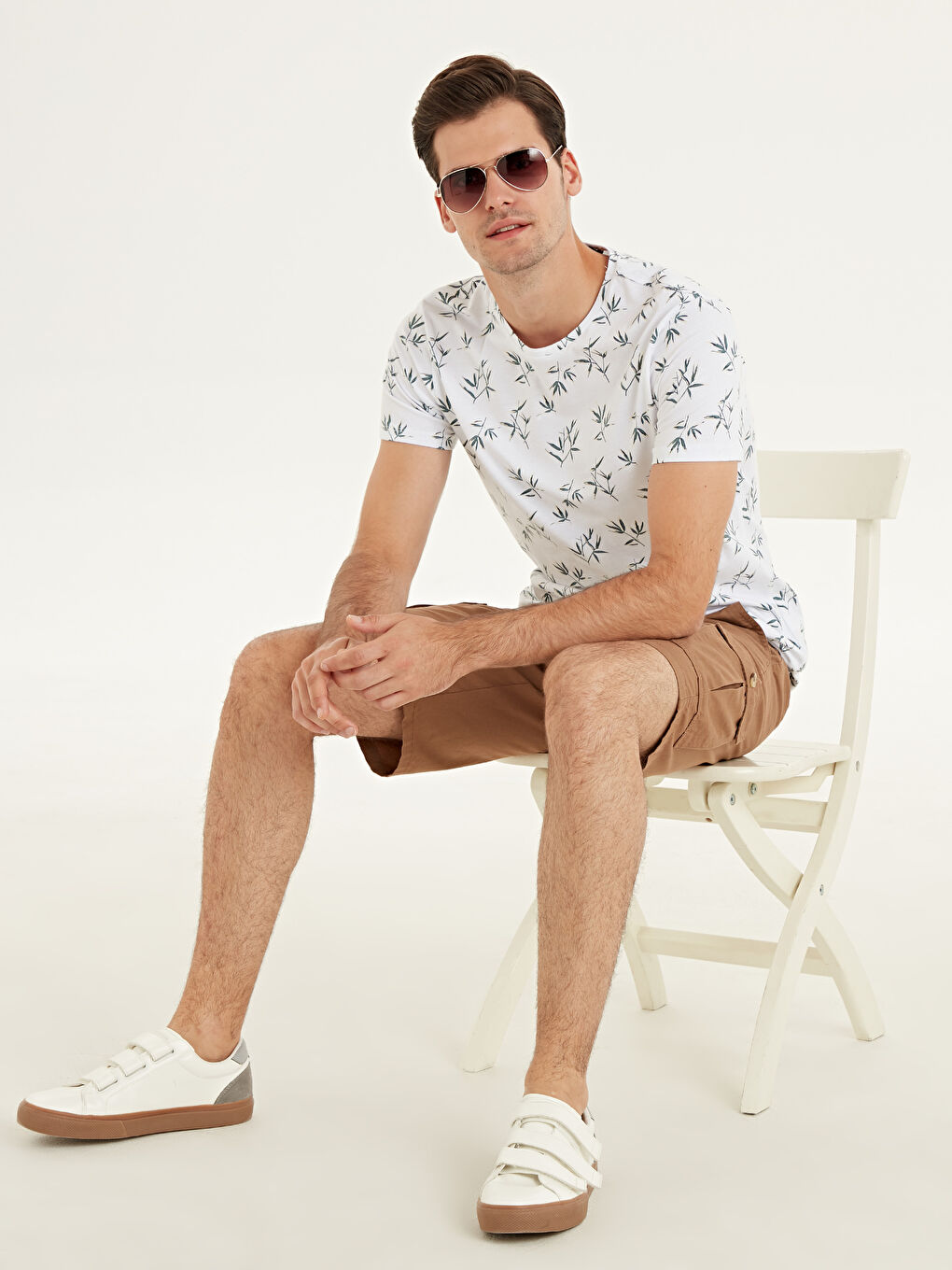 Beyaz Bisiklet Yaka Penye Erkek Tişört-2