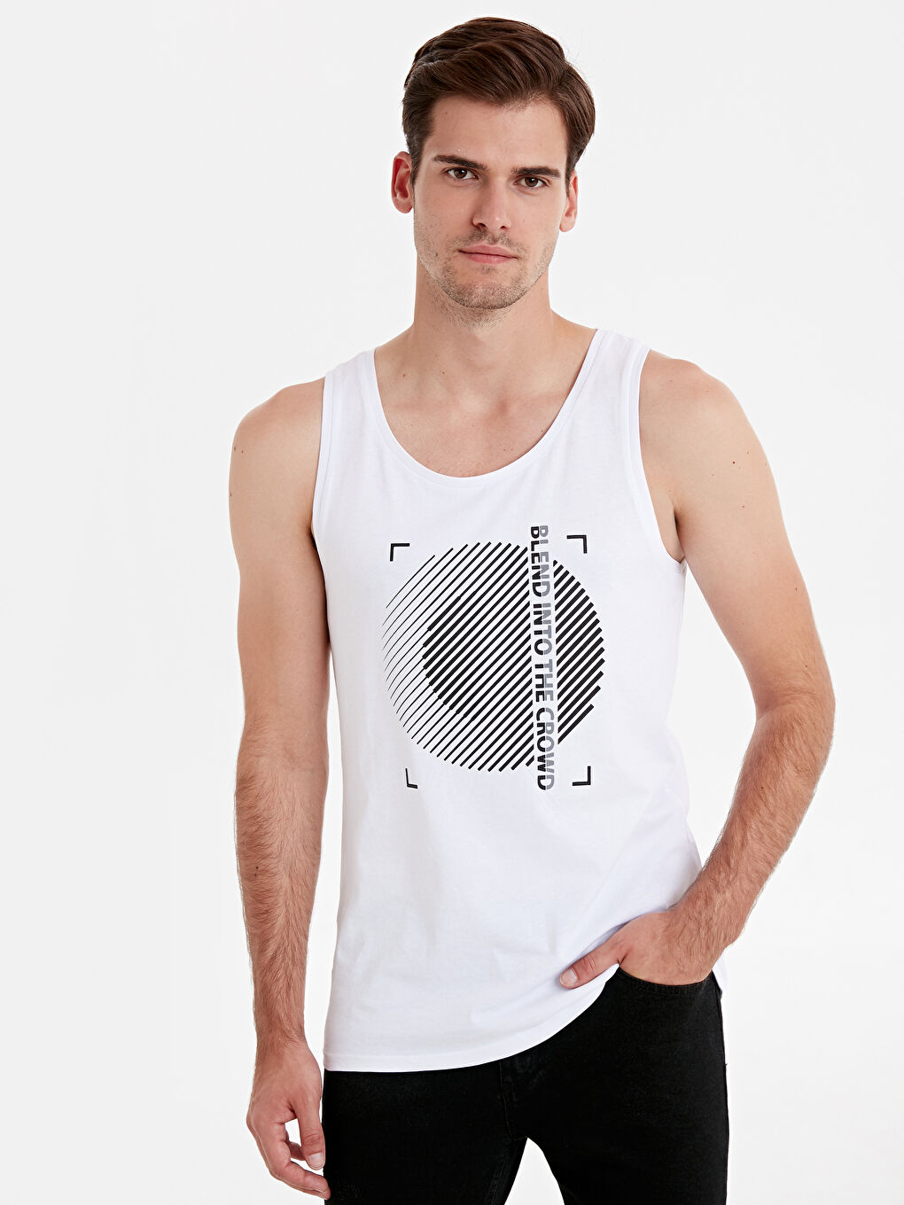 Beyaz Penye Erkek Kolsuz Tişört-1