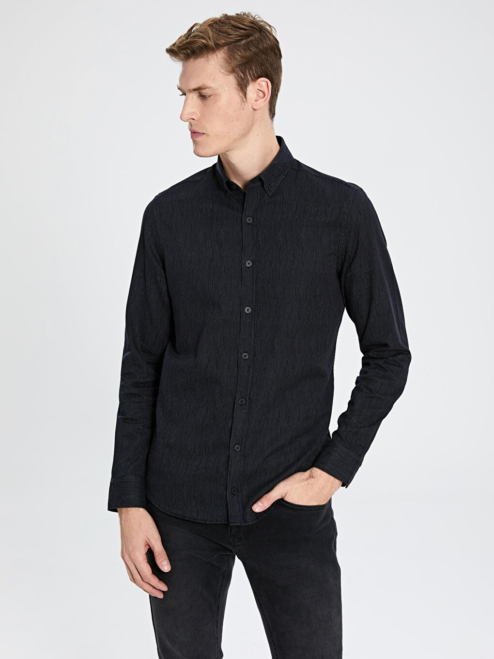 Siyah Slim Fit Uzun Kollu Gabardin Erkek Gömlek