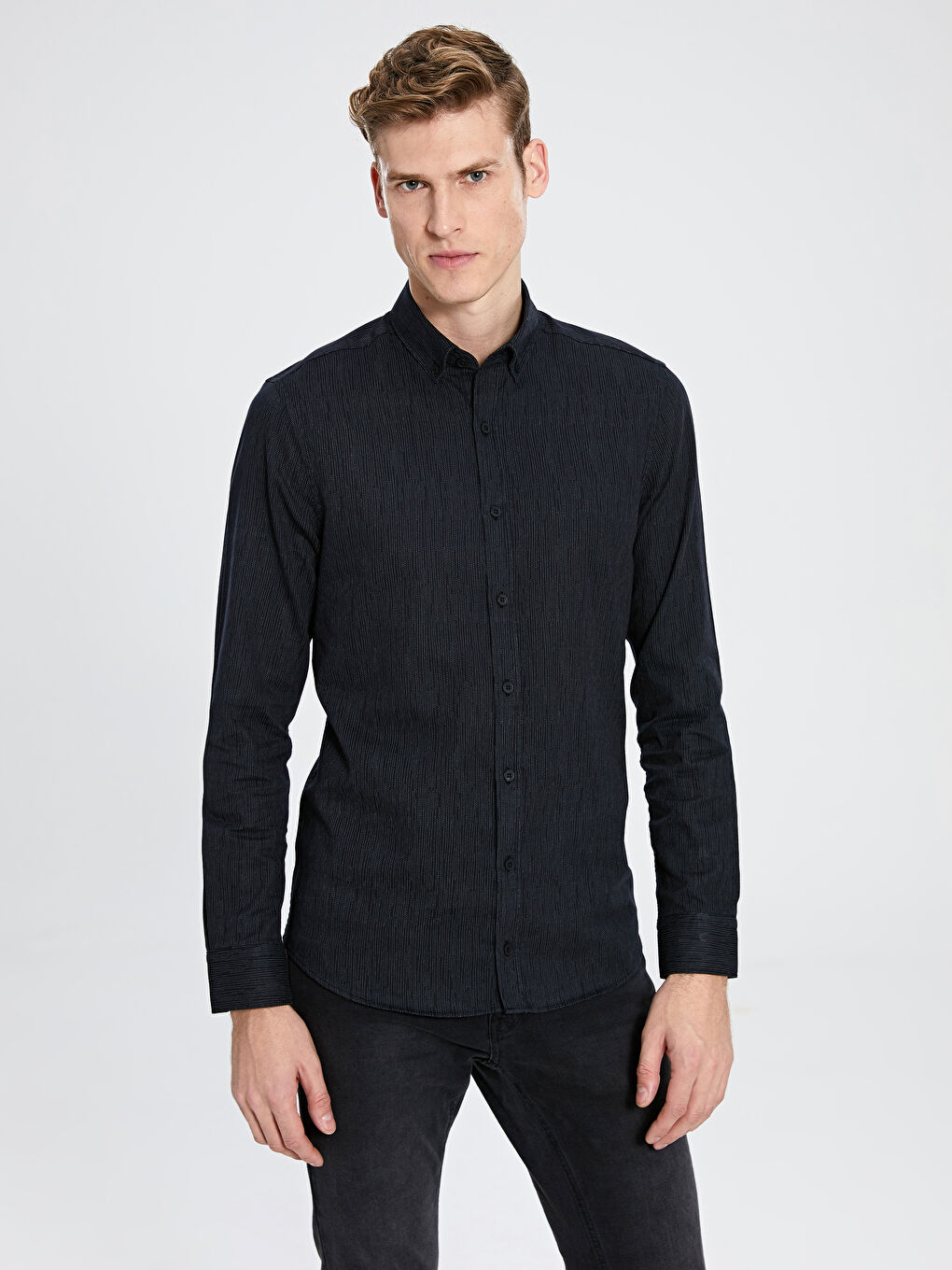 Siyah Slim Fit Uzun Kollu Gabardin Erkek Gömlek-1