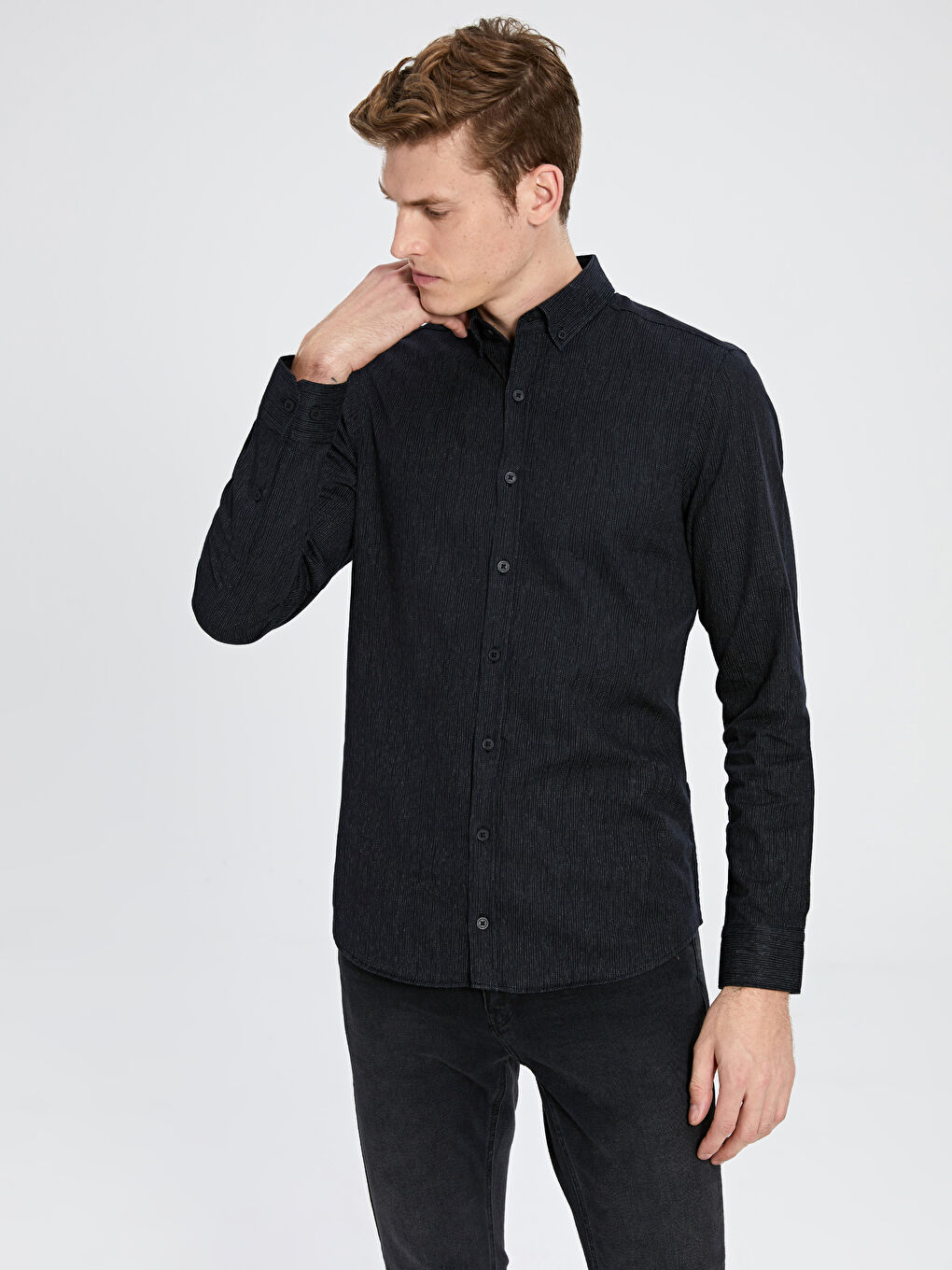 Siyah Slim Fit Uzun Kollu Gabardin Erkek Gömlek-2