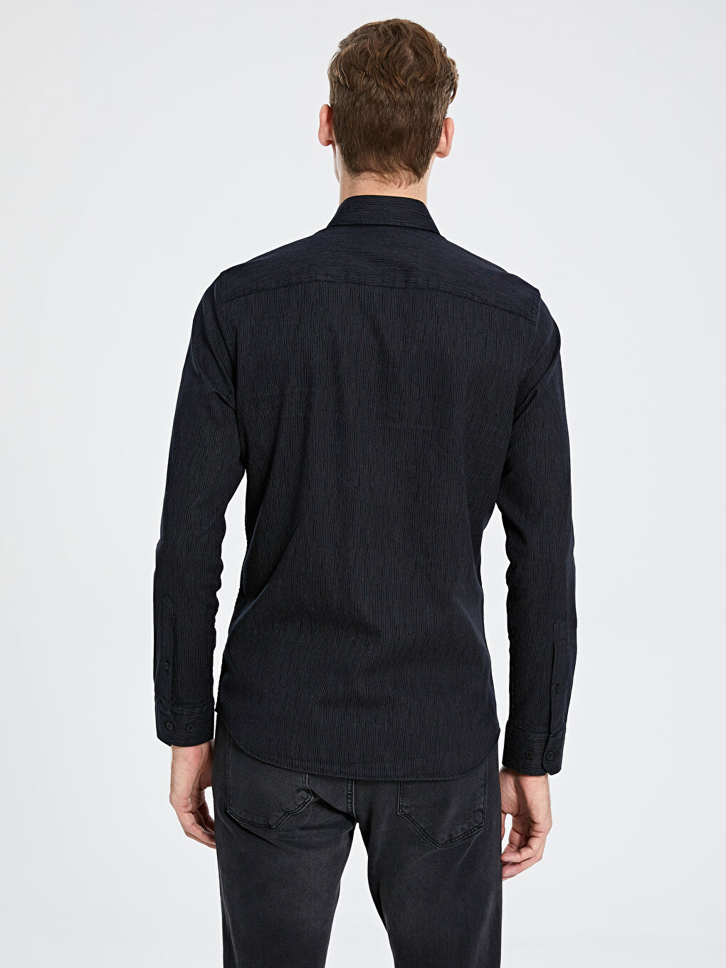 Siyah Slim Fit Uzun Kollu Gabardin Erkek Gömlek-3