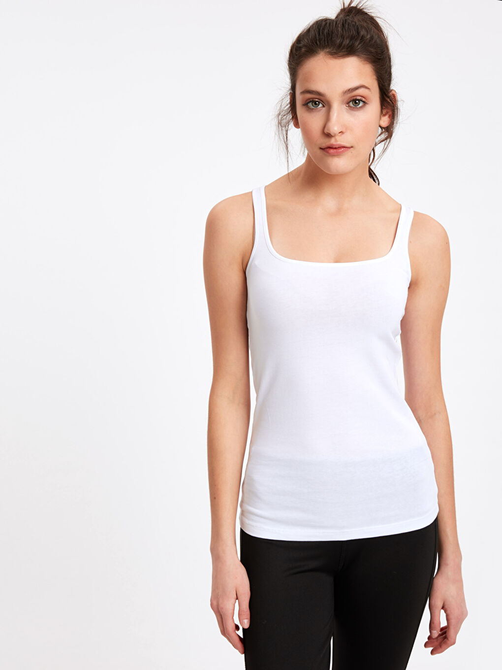 Beyaz U Yaka Standart Fit Penye Kadın Askılı Pamuklu Atlet