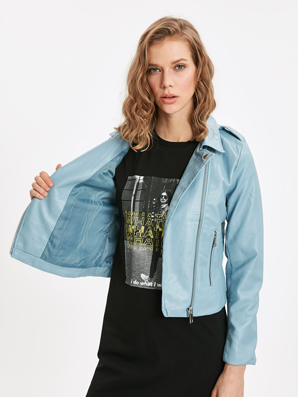 Mavi Deri Görünümlü Mont-1